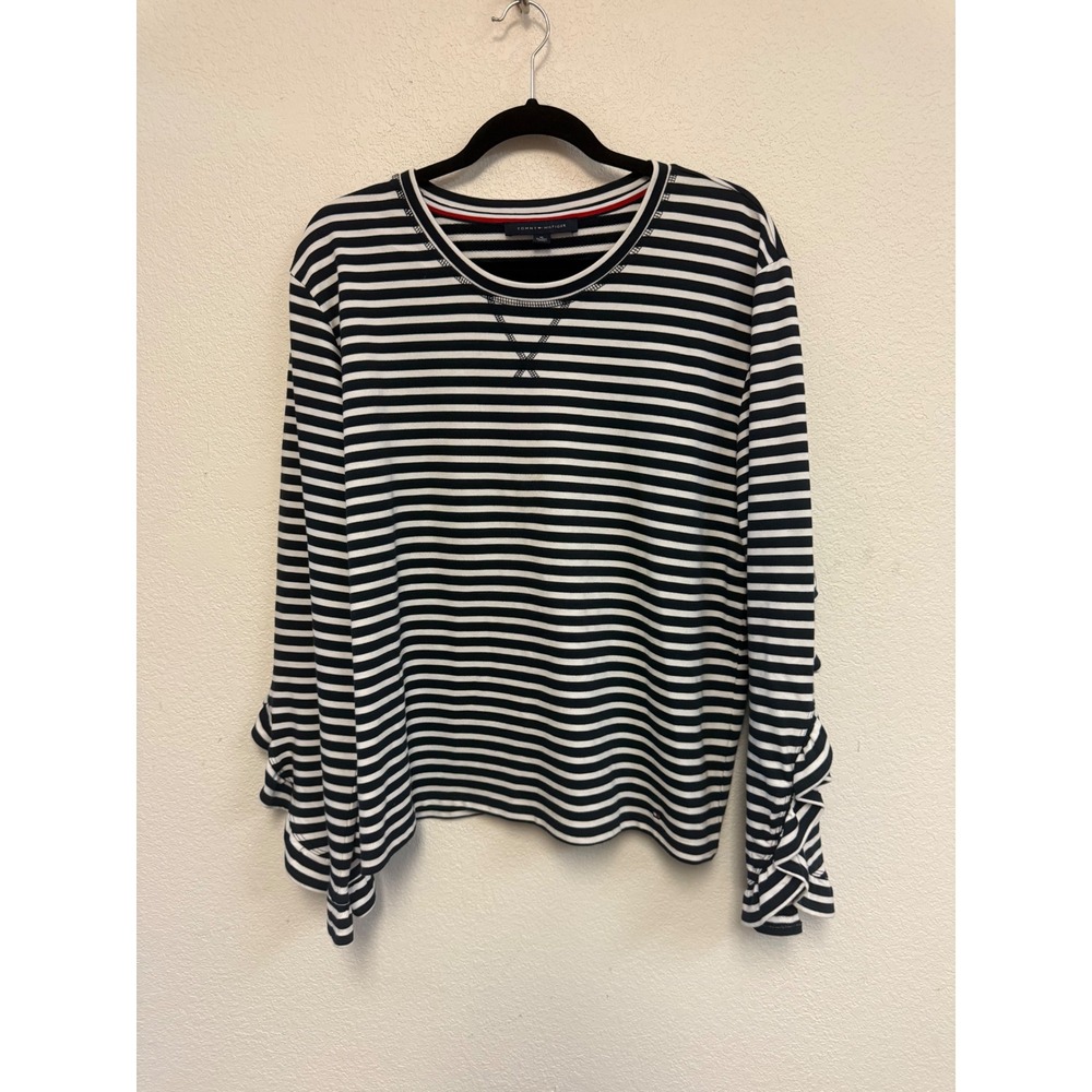 Tommy Hilfiger Womens XL Navy White Striped Ruffle Sleeve Crew Neck Top